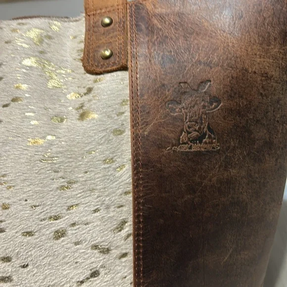 Crazy Heifers Large HOH (Hair on Hide) Tote with Gold accents on front. - Picture 2 of 11